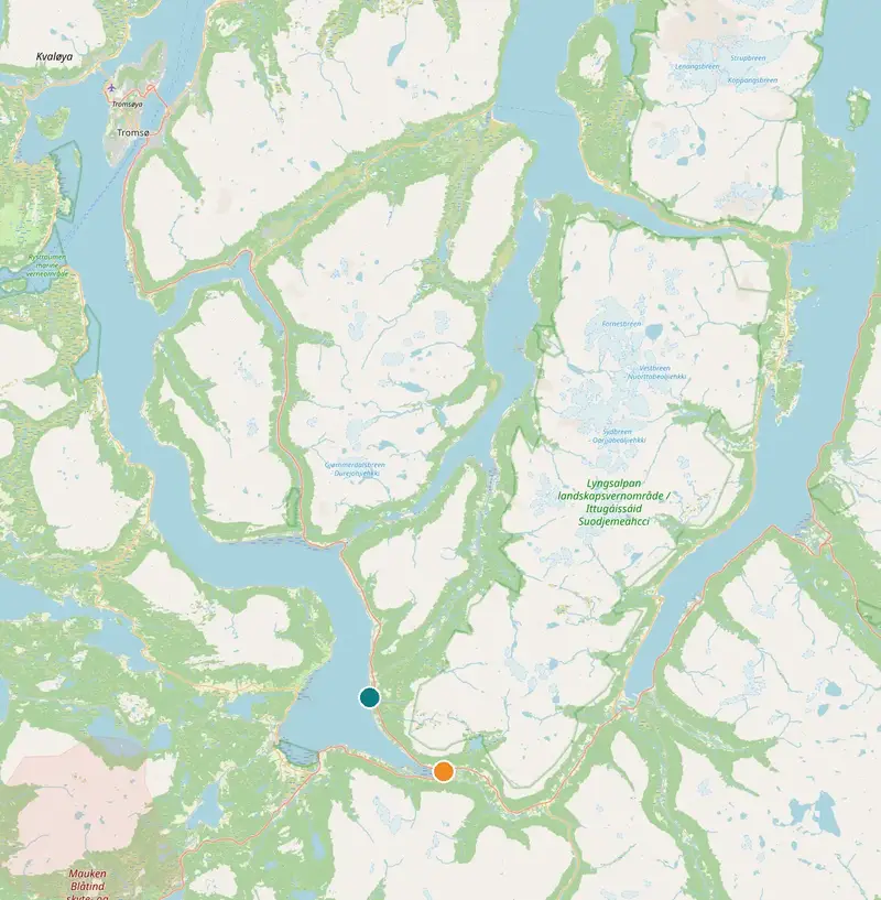 Map of Tromsø, Balsfjord and Lyngen with the pickup point at Seljelvnes and the meeting point in Nordkjosbotn